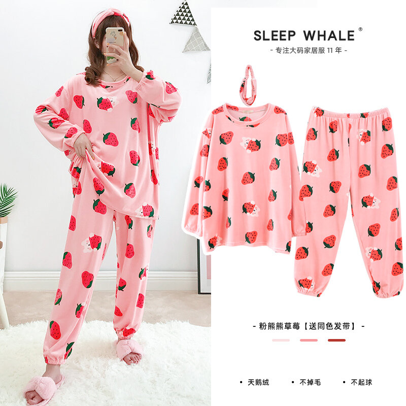 Pijama de terciopelo de talla grande para mujer, ropa de invierno con cuello redondo, Polar, Coral, suelto, con cordón, gruesa, M200 Jin