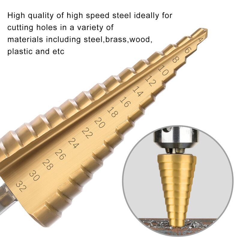Hss broca revestida de titânio, ferramenta de perfuração cônica de metal e madeira de alta velocidade de 3-12mm 4-12mm 4-20mm 4-22mm 4-32mm