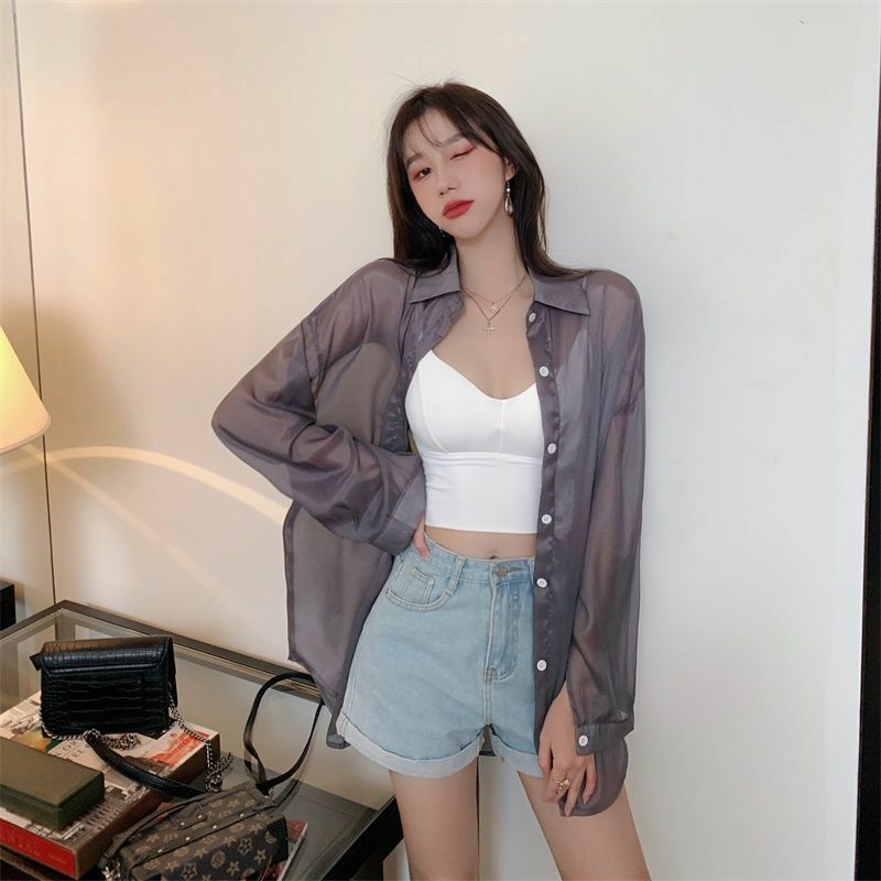 HOUZHOU przezroczysta bluzka lato 2021 z długim rękawem biały różowy zielony zapinana koszule damskie Y2k koreański modny kardigan Sheer Top