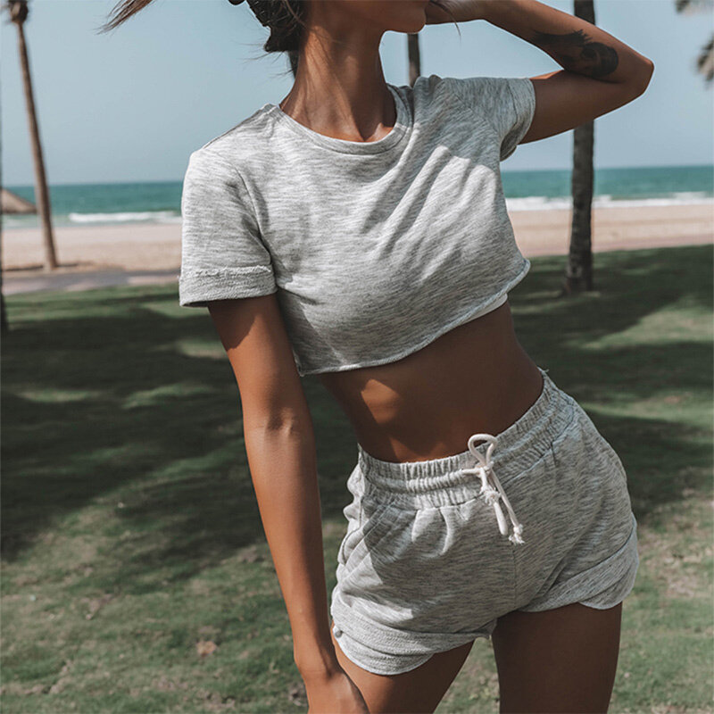 Women Sports Shorts Suit Short Sleeve Solid Crop Tops Running Fitness Shorts Sets Lady Casual Slim O-Neck Lace Up 2021 Summer