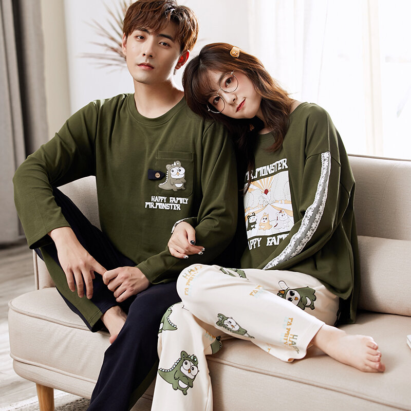 Pijamas de casal de algodão de manga comprida, pijamas finos para primavera e outono estilo coreano, roupas de casa femininas, trajes de algodão fofos glq