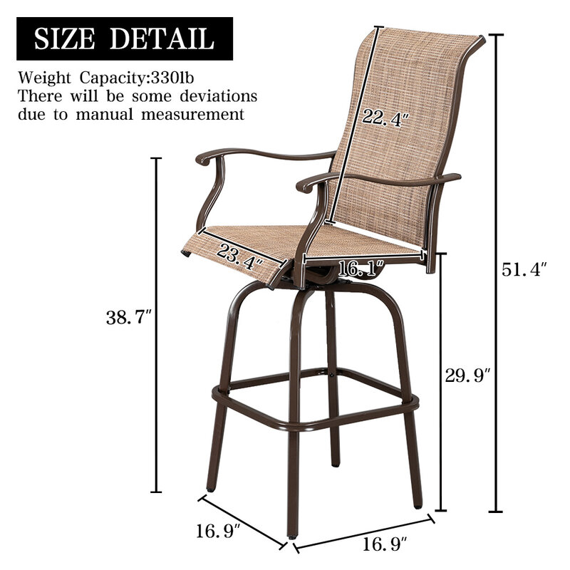 2pcs Wrought Iron Swivel Bar Chair Patio Swivel Bar Stools and Patio Bar Table Brown (59 x 67 x 130.5)cm(L x W x H) US Warehouse