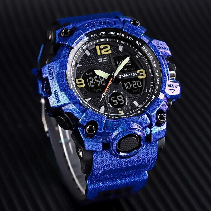 Reloj de pulsera militar para hombre, de cuarzo, LED, digital, doble horario, 50m, resistente al agua, 115b, deportivo