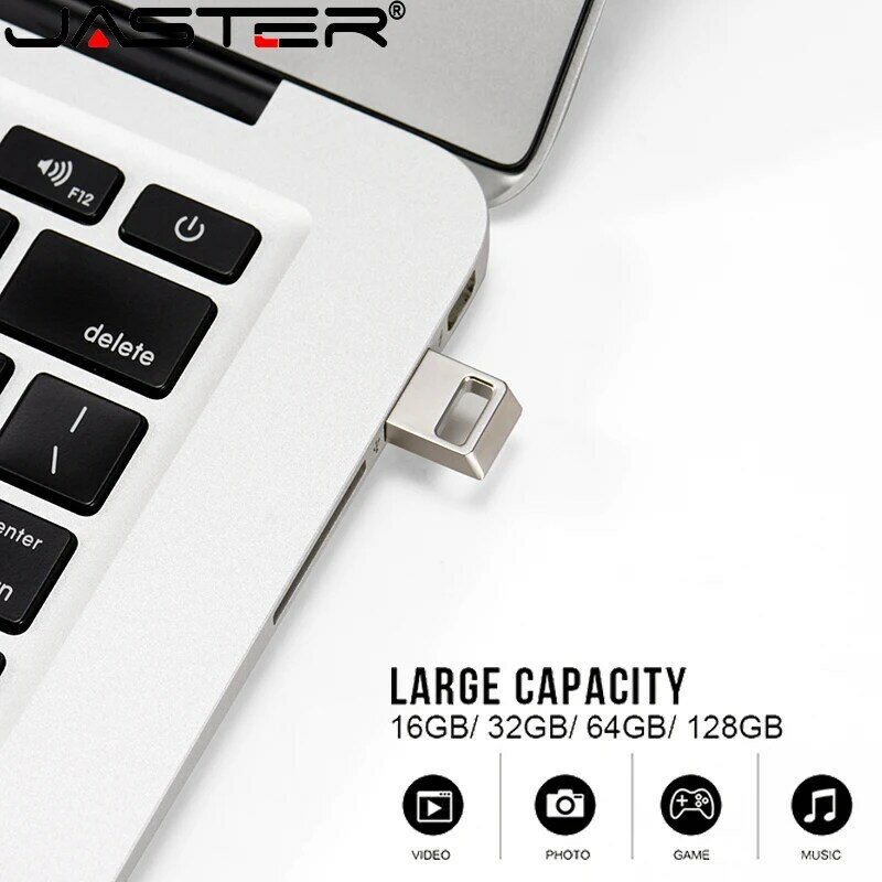 JASTER-Mini unidades flash USB de metal, Pendrive plateado, lápiz de memoria a prueba de agua, logotipo personalizado, regalo de negocios, 16GB, 32GB, 64GB