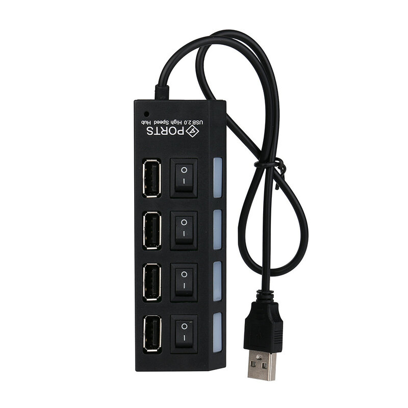 New 4 Port USB 2.0 Hub On/Off Switches + DC Power Adapter Cable for PC Laptop Hot Plug and Play 480 Mbps Data Transfer Rate