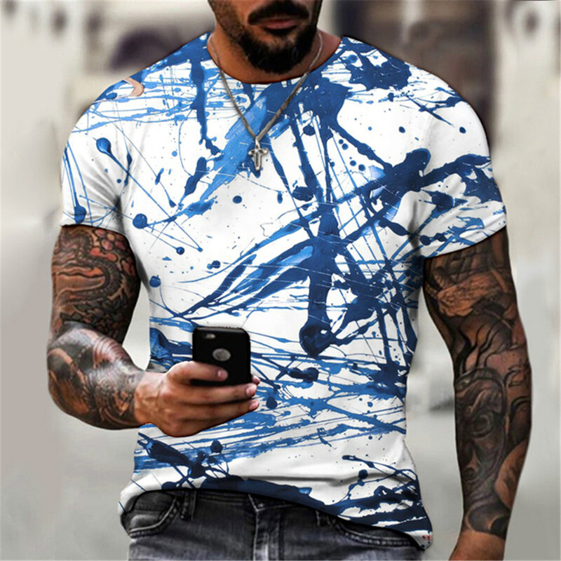 새로운 2021 여름 3D 인쇄 파란색 잉크 그림 패션 캐주얼 남자의 거리 스타일 짧은 소매 상단 o-넥 t-셔츠