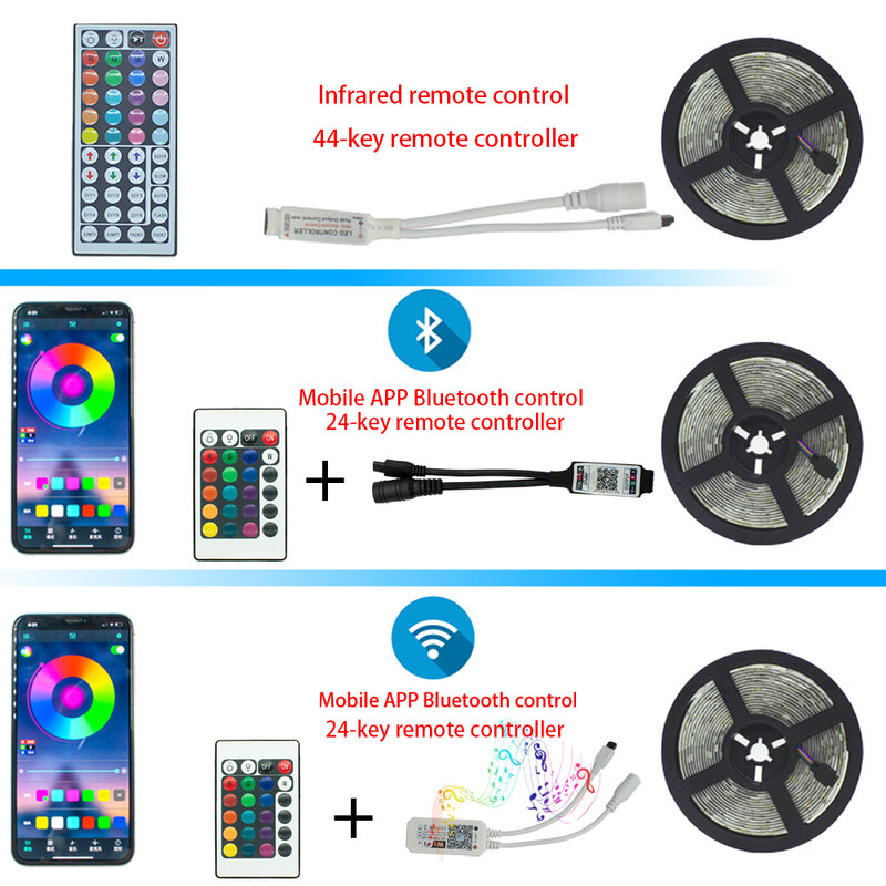 Infrared/Bluetooth/WiFi Lampu LED Strip RGB 5050 2835 Fleksibel Lampu Tape Pita dengan Dioda DC 12V 5M 10M Remote Control + Adaptor