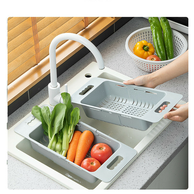 Keranjang Pengering Wastafel Dapur Rumah Tangga Plastik Baskom Cuci Sayur Dapat Ditarik Rak Pengering Alat Cuci Buah & Sayuran