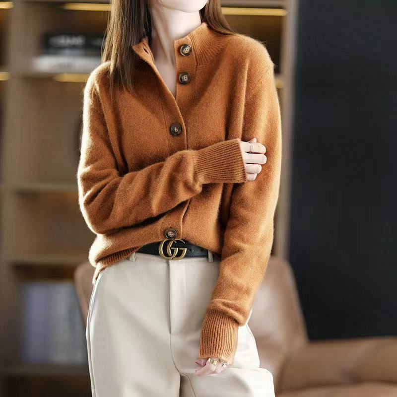 Damska nowa, jesienna/zimowa stójka dzianinowy rozpinany sweter koreański styl z długimi rękawami dziki luźny krótki płaszcz sweter kobiet