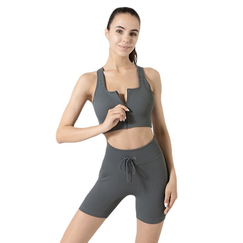 Pakaian Yoga Celana Kolor Pinggang Tinggi Atasan Crop Ritsleting Mulus Pakaian Fitness Elastis Tinggi Setelan Olahraga Ketat Wanita