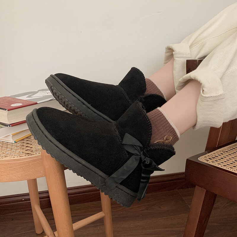 Arco-nó bota de neve sólida para mulher tornozelo rasa algodão sapatos de pelúcia inverno manter a bota quente para mulher 2021 listrado botas xadrez