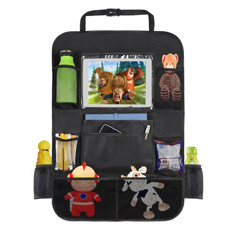 터치 스크린 태블릿 홀더 + 다중 스토리지 포켓이있는 자동차 뒷좌석 주최자 어린이를위한 킥 매트 카시트 백 프로텍터