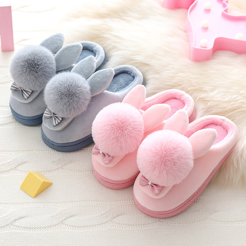 Children's Winter Slippers Boys Cartoon Rabbit Cotton Home Slippers Kids Plush Indoor Warm Shoes Bowtie Girls Princess Slippers
