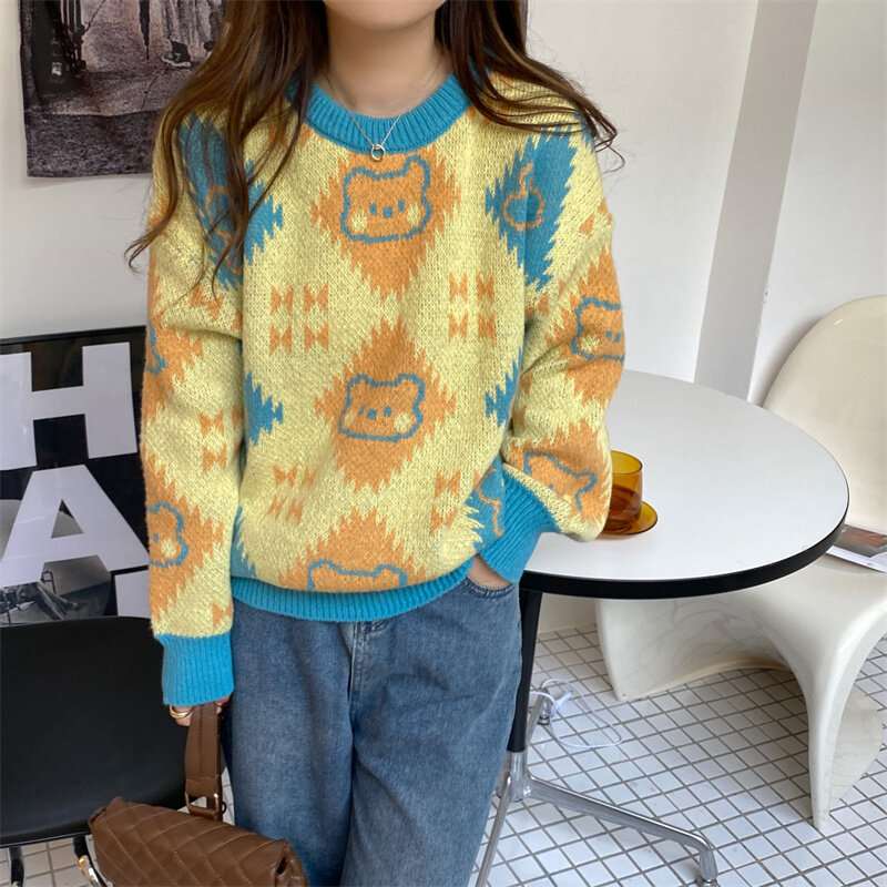 漫画の女性のセーター,かわいいクマのセーター,対照的な色,ルーズフィット,秋冬,卸売り,婦人服2022