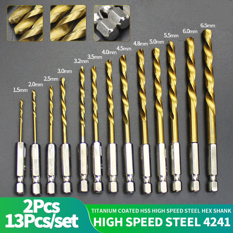 Conjunto de brocas revestidas de titânio, 13 peças de 1.5mm-6.5mm hss, aço de alta velocidade, haste hexagonal, troca rápida