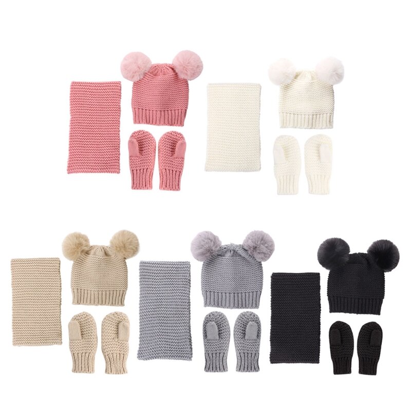 赤ちゃんと子供のための冬の帽子,女性のためのスカーフと手袋3ピース/セット,ニットの暖かいビーニーキャップ,ネックライン付き,丸のループ,かぎ針編みの帽子