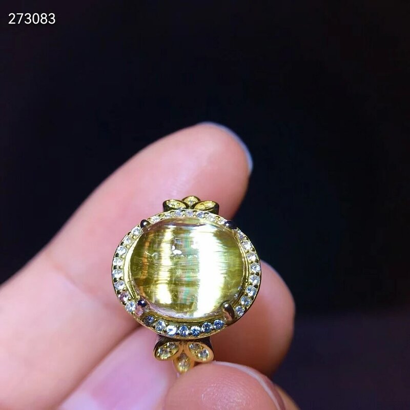 Natural ouro rutilated quartzo sol flor feminino anel ajustável 925 prata 10.7/9.6mm esfera oval contas aaaaaa genuíno