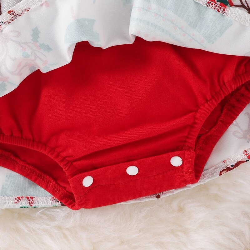 Ano novo vermelho macacão outfits da criança do bebê da menina do natal macacão natal infantil roupas de bebê conjunto veados imprimir vestido de festa headwear conjuntos