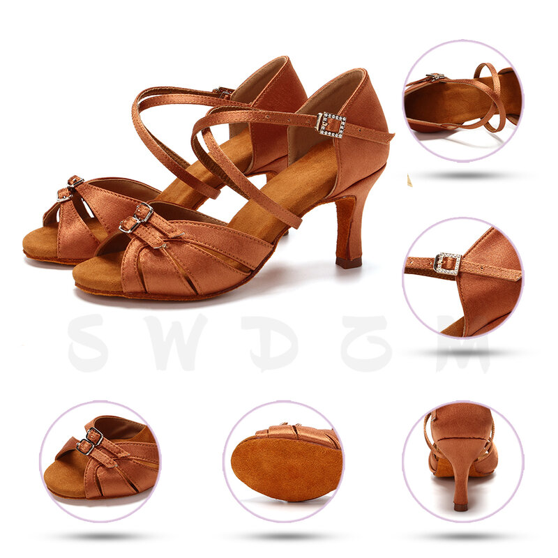 Sapatos de dança latina para mulheres, salão de tango, saltos altos para senhoras, sandálias de prática salsa rosa e branco, 6 cm, 7,5 cm
