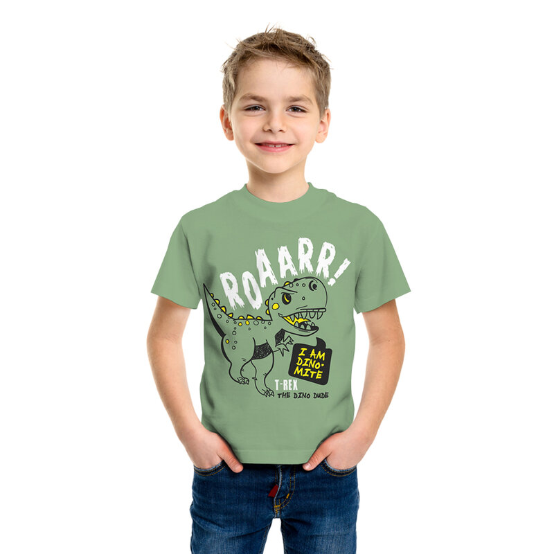 T-shirt à manches courtes pour garçons et filles, joli vêtement estival avec dessin animé de dinosaure imprimé