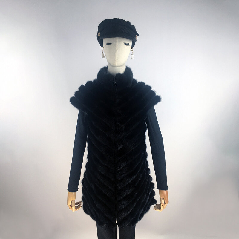 Chaleco de piel de visón Real para mujer, chaqueta sin mangas con cremallera y cuello levantado, cálida, sin mangas, 2021