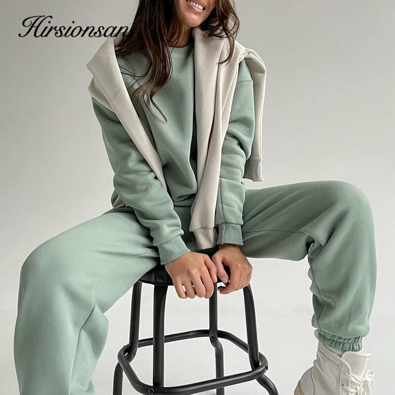 Hirsionsan-Conjunto de ropa de algodón para mujer, conjunto de dos piezas formado por Top y pantalón de chándal, holgado, liso, cálido e informal, otoño e invierno, novedad de 2021