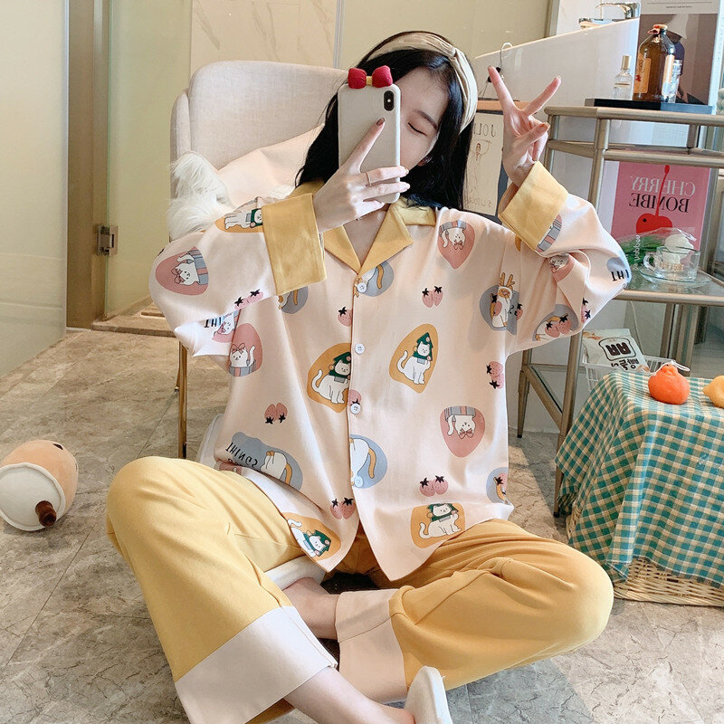 CAIYIER-Conjunto de pijamas de algodón para mujer, ropa de dormir de manga larga, traje informal de dibujos animados para el hogar, otoño e invierno, M-2XL