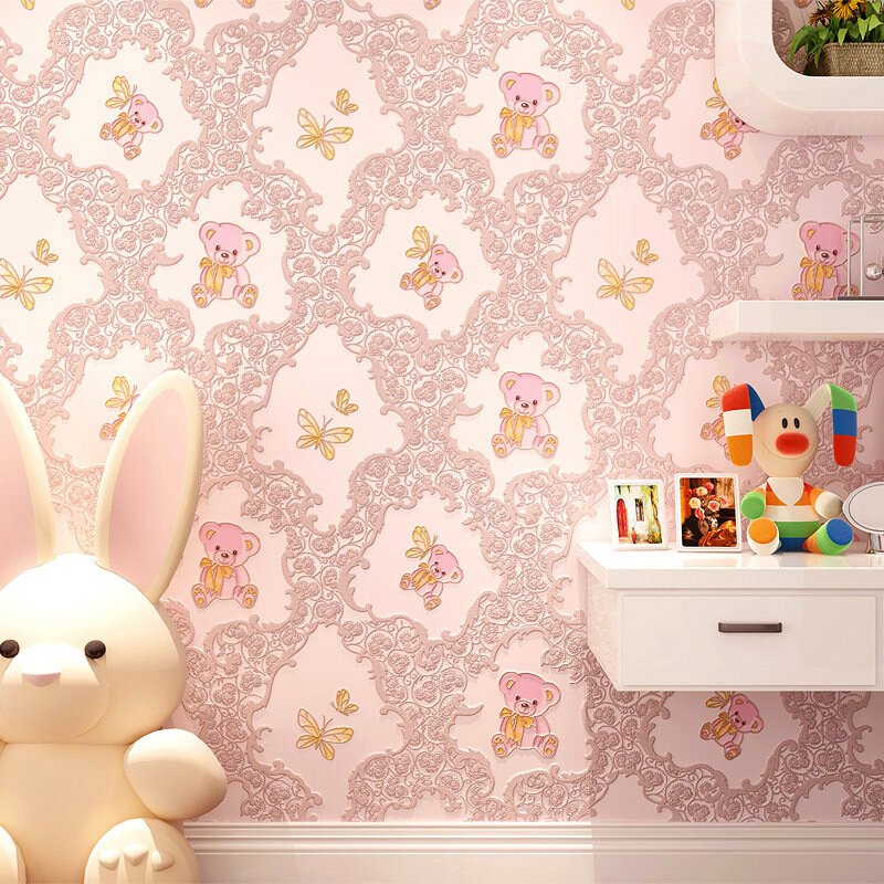 3X0.53M 3D Three-dimensional Embossed Cartoon Bear Self-adhesive Wallpaper Warm Pink Bedroom Background Wall  room decoration
