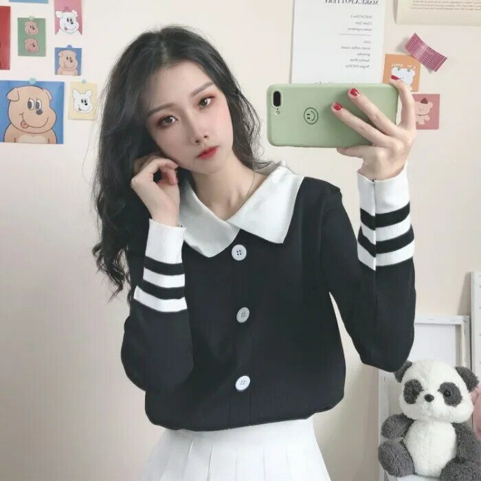 Spring and Autumn Bottoming Shirt Women's Long Sleeve 2021 New Korean Style Slim-Fitting Short Knitwear Women's Doll Collar Thin