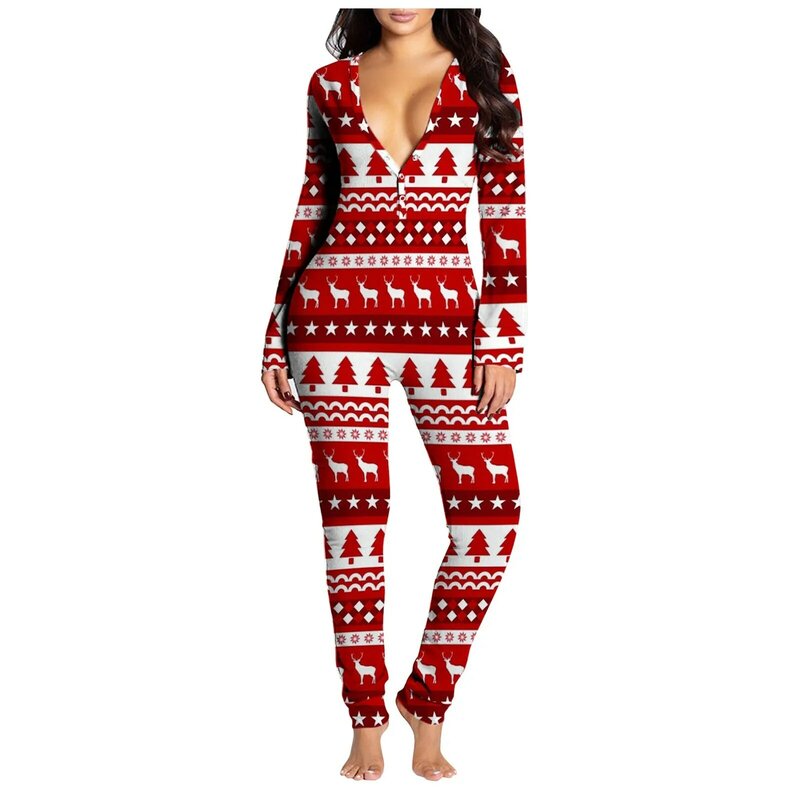 Pijama Sexy con estampado navideño para mujer, mono con cuello en V, monos con botones en la parte delantera y trasera, ropa de dormir