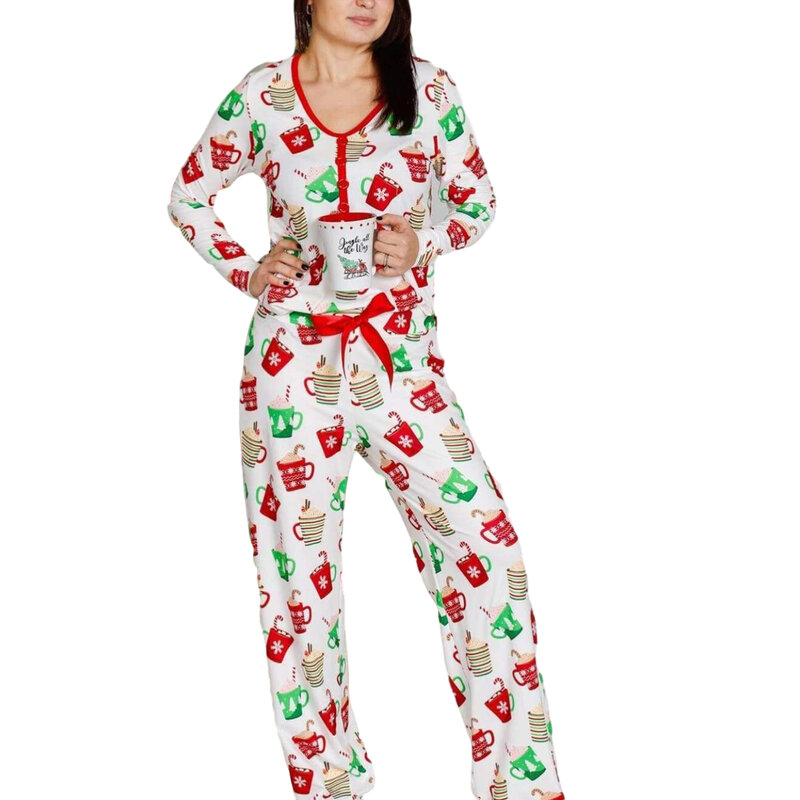 2020 weihnachten Passenden Familie Pyjamas Sets Schneeflocke Druck Langarm V-ausschnitt Top + Hosen Mom Tochter Homewear Nachtwäsche Set