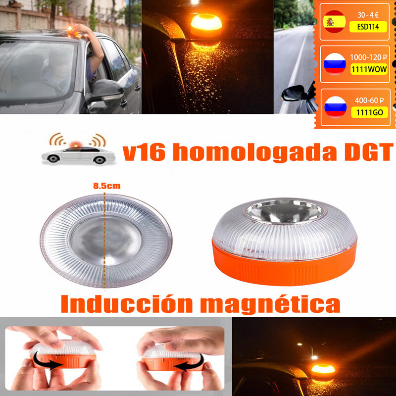 Luz de emergencia v16 para coche, faro estroboscópico de inducción magnética recargable, homologado por DGT, 2021