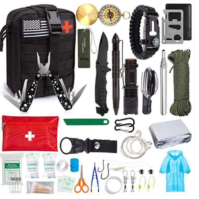 Emergency Survival Kit Survival Gear First Aid Kit SOS Tactical Tool Flashlight with Molle Bag Suitable for Camping Adventure