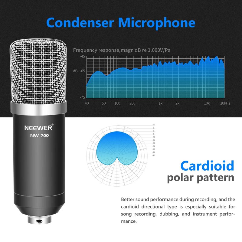Neewer-microfone profissional, suporte para braço e tesoura, cabo de xlr, braçadeira de montagem, filtro pop e fonte de alimentação phantom 48v