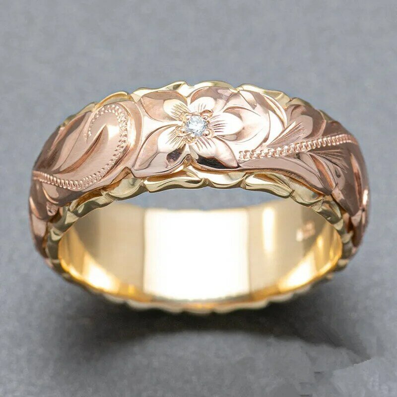 Nieuwe Prachtige Gesneden Rose Bloem Twee-Tone Dames Ring Mode Eenvoudige Huwelijkscadeau Ring Retro Stijl Groothandel Ringen Voor vrouwen