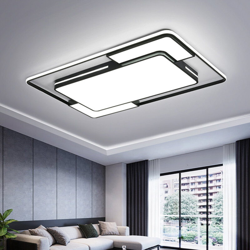 โคมไฟเพดาน LED ที่ทันสมัยพร้อมรีโมทคอนโทรลโคมไฟเพดานหรี่แสงได้สีดำสแควร์สี่เหลี่ยมผืนผ้าแ...