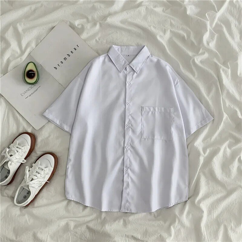 Blusas blancas y negras para mujer, camisa de manga corta para mujer, Tops a la moda, camisas con botones y cuello vuelto, blusas para mujer y Niña