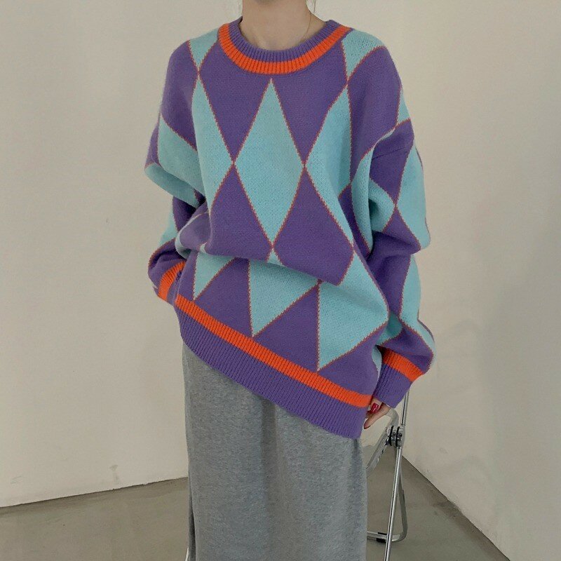 Suéter a cuadros con diamantes de contraste para mujer, Jersey holgado retro, abrigo de punto púrpura, moda, Otoño e Invierno