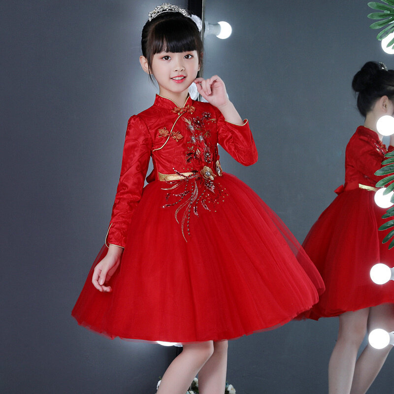 Estilo chinês requintado crianças menina aniversário vestidos de festa da criança vermelho mangas compridas outono flor menina cheongsam vestido