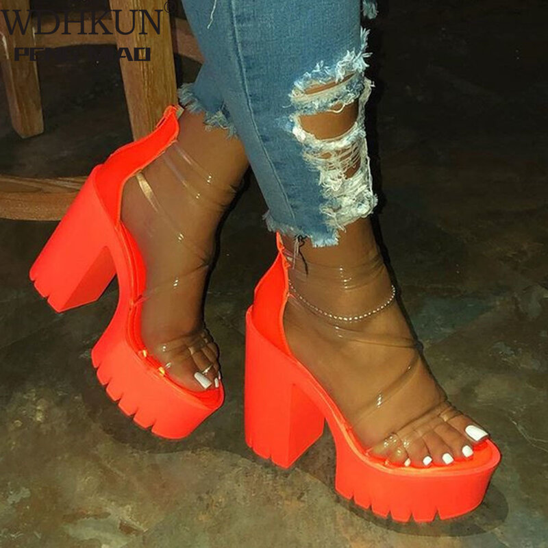 Night Club Party Platform Chunky Heel Sandals Summer Plus Size Shoes Transparent Gladiator Heel Sandals  Shoes Women