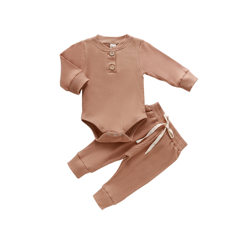 Ensemble de vêtements pour bébé fille et garçon de 0-24 mois,body côtelé à manches longues avec pantalon élastique solide, tenue d'automne,
