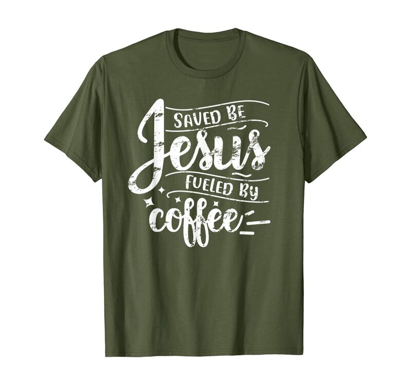 Забавная потертая футболка с надписью «сохранено Иисусом» и питанием от кофе