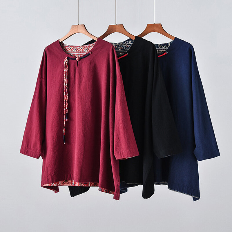 2020 새로운 긴 소매 블라우스 여자 플러스 크기 빈티지 블라우스 중국 스타일 참신 원래 디자인 블라우스 셔츠 o-넥 탑스
