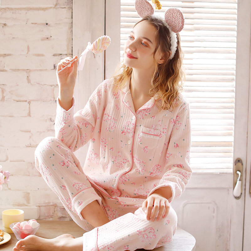 Fdfklak 2021 outono novos pijamas de enfermagem calças de manga comprida ar algodão confinamento terno estilo japonês imprimir casa terno