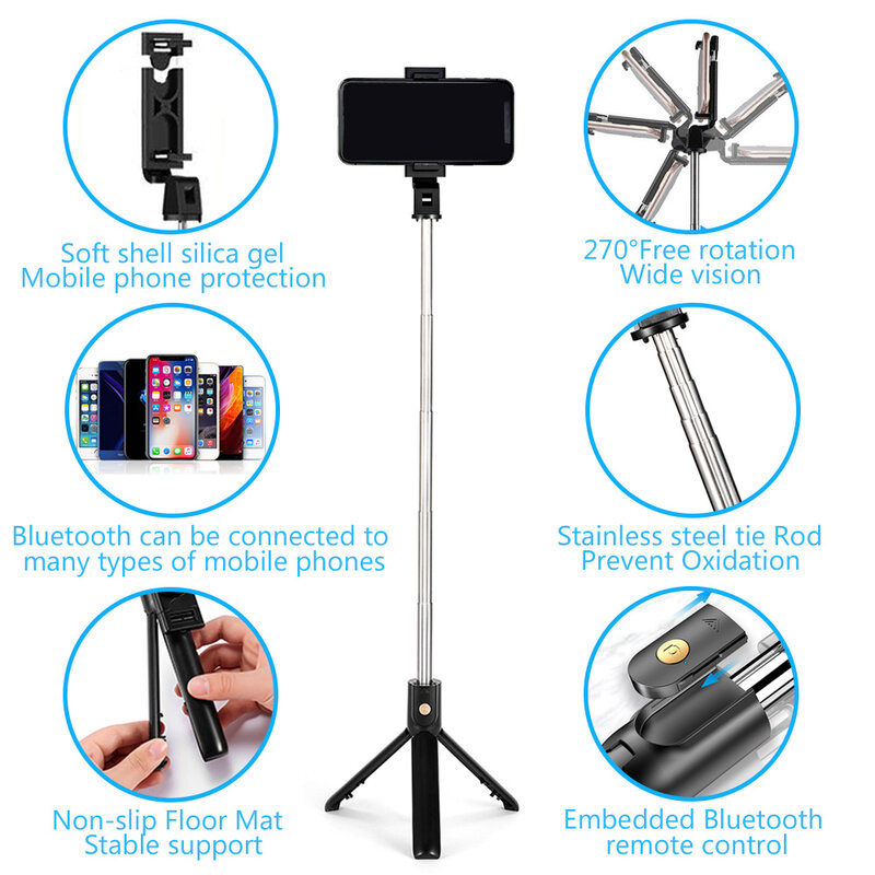 Vara extensível do selfie de bluetooth com controle remoto sem fio, tripé da vara de selfie, compatível com iphone, samsung galaxy, huawei