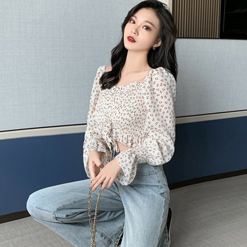 2020 moda gola quadrada feminina plissado pequena camisa de impressão floral manga longa curto doce chiffon blusa