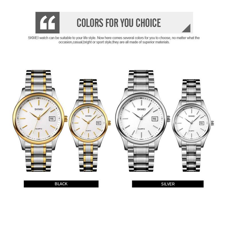 Skmei relógio de aço inoxidável para casal, relógio luxuoso de quartzo com espelho de movimento, moda simples de aço inoxidável 2020