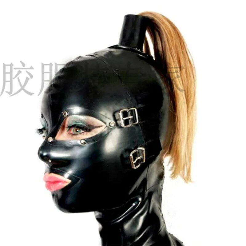 Neue Unisex Frauen Latex Haube gummi Maske mit haarteile perücken pferdeschwänzen handmade mit zurück zipper