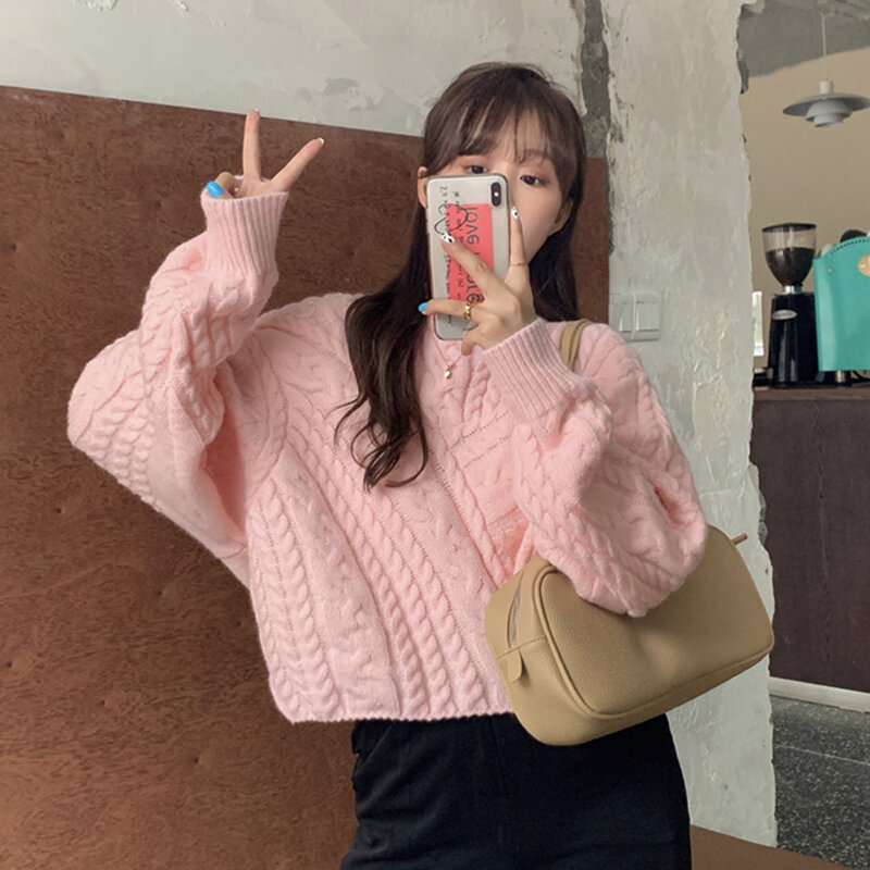 Suéter curto espesso estilo retrô de hong kong suéter feminino folgado desgastado em novo estilo 2020