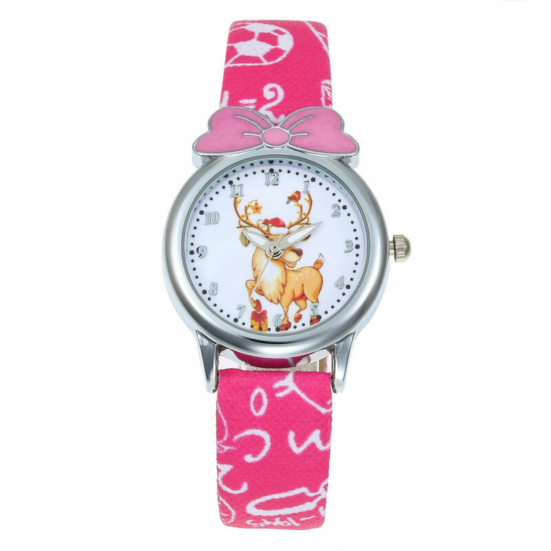 새로운 만화 어린이 사슴 패션 여성 키즈 학생 다이아몬드 가죽 아날로그 손목 시계, 러블리 핑크 시계